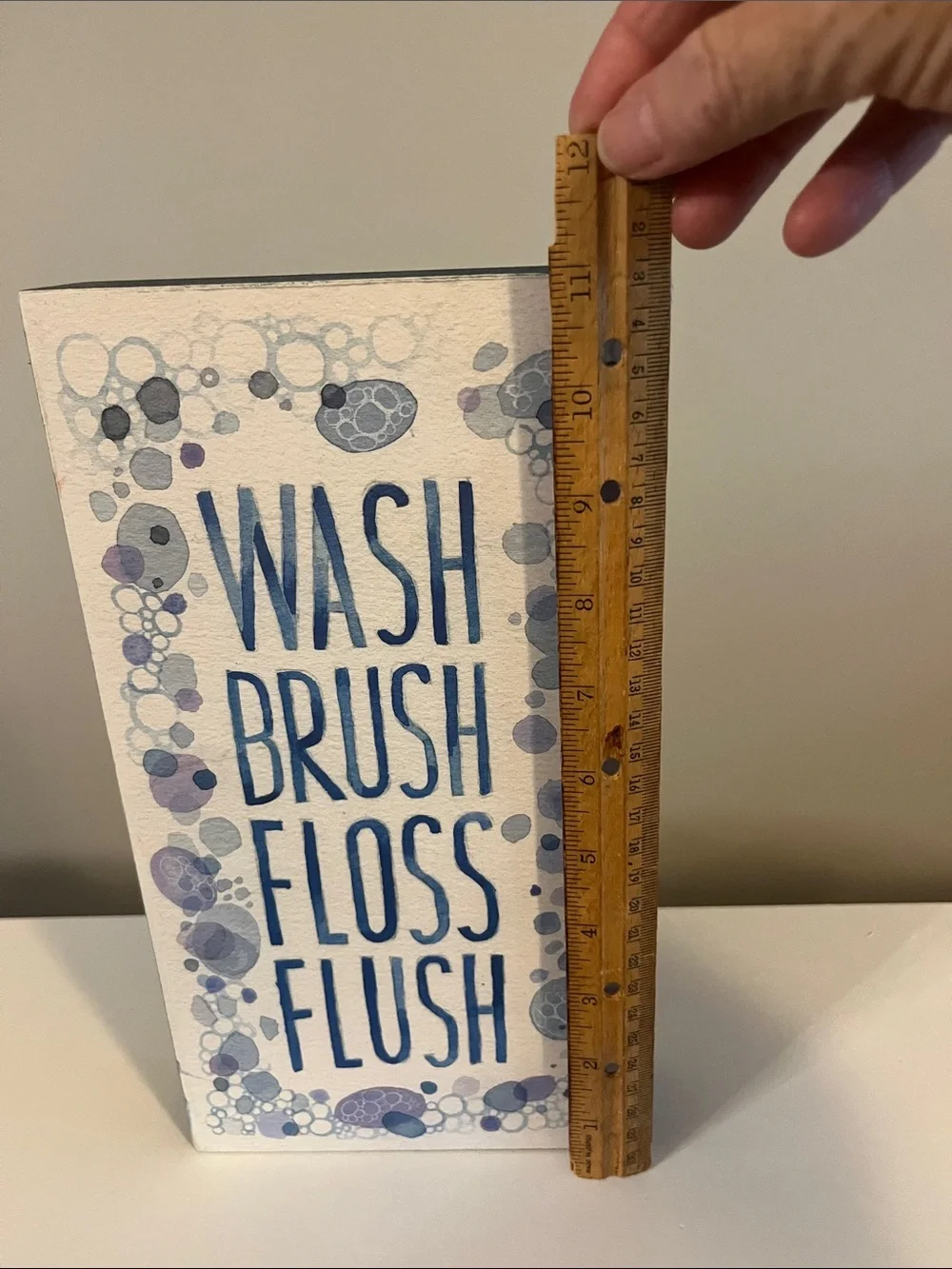 Blue 'Wash Brush Floss Flush' wooden Bathroom Sign 11x6x1.5 inches